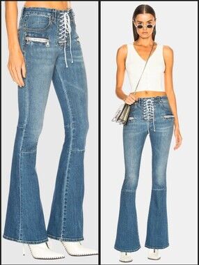 Unravel Project Designer Vintage Lace Up Flare Jeans Sz 27 Indigo Stone Y2K